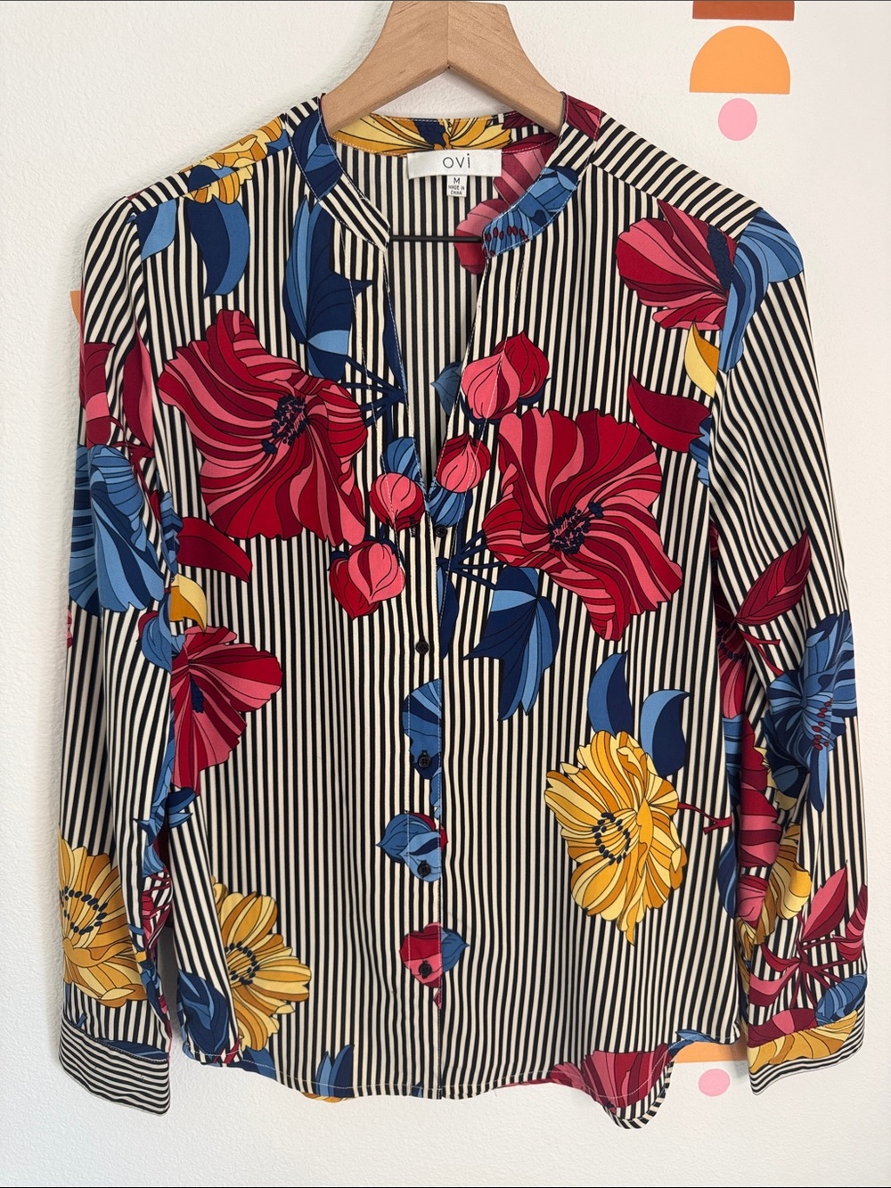 Ovi Striped Button-Up Top with Red, Blue & Yellow Floral Print N0271